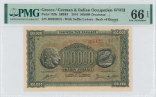 GREECE: 100000 Drachmas (21.1.1944) in black on brown, blue and green unpt. Ancient Athenian coin of 4 Drachmas at left and right on face. S/N: "29642...