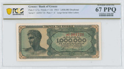 GREECE: 1 million Drachmas (29.6.1944) in black on blue-green and pale orange unpt. Youth of Anticythera at left on face. S/N: "AE 901720" with prefix...