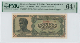GREECE: 1 million Drachmas (29.6.1944) in black on blue-green and pale orange unpt. Youth of Anticythera at left on face. S/N: "529714 ΞΘ" with suffix...