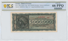 GREECE: 5 million Drachmas (20.7.1944) in black and dark blue on pale orange unpt. Arethusa on dekadrachm of Syracuse at left on face. S/N: "648202 ΞΑ...