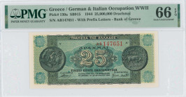 GREECE: 25 million Drachmas (10.8.1944) in dark green and green with ancient coin from Dodoni at left and right. S/N: "AB 147651" with prefix and numb...