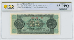 GREECE: 25 million Drachmas (10.8.1944) in dark green and green. Ancient coin from Dodoni at left and right on face. S/N: "230193 ΞΘ" with suffix and ...