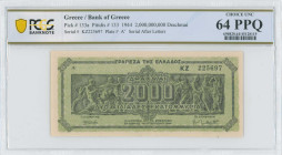 GREECE: 2 billion Drachmas (11.10.1944) in black on light green unpt. Panathenea detail from Parthenon frieze on face. S/N: "KZ 225697" with prefix. I...