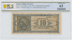 GREECE: 10 billion Drachmas (20.10.1944) in black and dark blue on light brown unpt. Arethusa on dekadrachm from Syracuses at left on face. S/N: "5471...