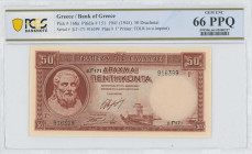 GREECE: 50 Drachmas (ND 1945 / old date 1.1.1941) in red. Hesiod at left on face. S/N: "β.Γ-171 916399". WMK: Goddess Athena. Printed by (TDLR). Insid...