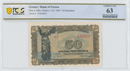 GREECE: 50 Drachmas (9.11.1944) in brown on blue and gold unpt. Statue of Nike of Samothrace at left on face. S/N: "ΑT 644623". Printed in Athens. Ins...
