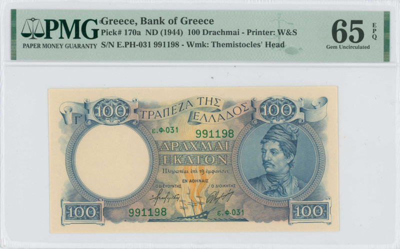 GREECE: 100 Drachmas (ND 1944) in deep blue on blue and gold unpt. Kanaris at ri...