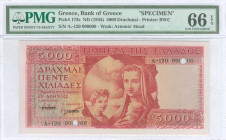 GREECE: Specimen of 5000 Drachmas (ND 1945) in red. Personification of Motherhood at center on face. First type S/N: "A.120 000000". Two black ovpts "...