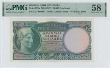 GREECE: 20000 Drachmas (ND 1947) in dark green on multicolor unpt. Athena at left on face. S/N: "Τ.21- 009187". Variety: Without security strip (PMG b...