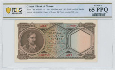 GREECE: 1000 Drachmas (9.1.1947) in dark brown on blue and orange unpt. Theodoros Kolokotronis at left on face. S/N: "AΗ-1 080282". WMK: General Milti...
