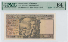 GREECE: 5000 Drachmas (9.6.1947) in brown on multicolor unpt. Personification of Motherhood at center on face. S/N: "518097 AN-5". WMK: God Apollo. Pr...