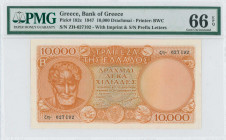GREECE: 10000 Drachmas (29.12.1947) in orange on multicolor unpt. Aristotle at left on face. Second type S/N: "ζη- 627192". WMK: God Apollo. Printed b...