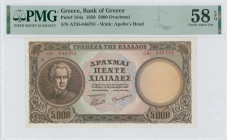 GREECE: 5000 Drachmas (28.10.1950) in brown on multicolor. Dionysios Solomos at left on face. S/N: "αθ 846781". WMK: God Apollo. Printed by the Bank o...