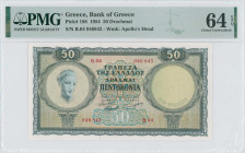 GREECE: 50 Drachmas (15.1.1954) in deep green and green on orange and blue unpt. Personification of Health at left on face. S/N: "B.04 946843". WMK: G...