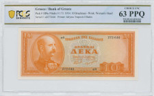 GREECE: 10 Drachmas (15.5.1954) in orange on light blue unpt. King George I at left on face. S/N: "αδ 272646". WMK: God Apollo. Printed by the Bank of...