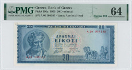GREECE: 20 Drachmas (1.3.1955) in blue on light green and light orange. Demokritos at left on face. S/N: "A.09 908189". WMK: God Apollo. Printed by th...