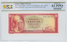 GREECE: 100 Drachmas (1.7.1955) in red on yellow and green unpt. Themistocles at left on face. S/N: "K.09 623787". WMK: General Miltiades. Printed by ...