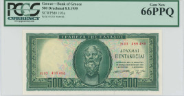 GREECE: 500 Drachmas (8.8.1955) in dark green on light blue, light orange and light green unpt. Socrates at center on face. S/N: "H.03 488486". WMK: G...
