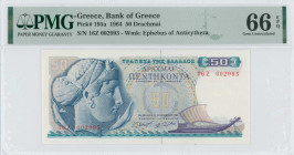 GREECE: 50 Drachmas (1.10.1964) in blue and purple on multicolor unpt. Arethusa at left on face. S/N: "16Z 002993". WMK: Youth of Anticythera. Printed...