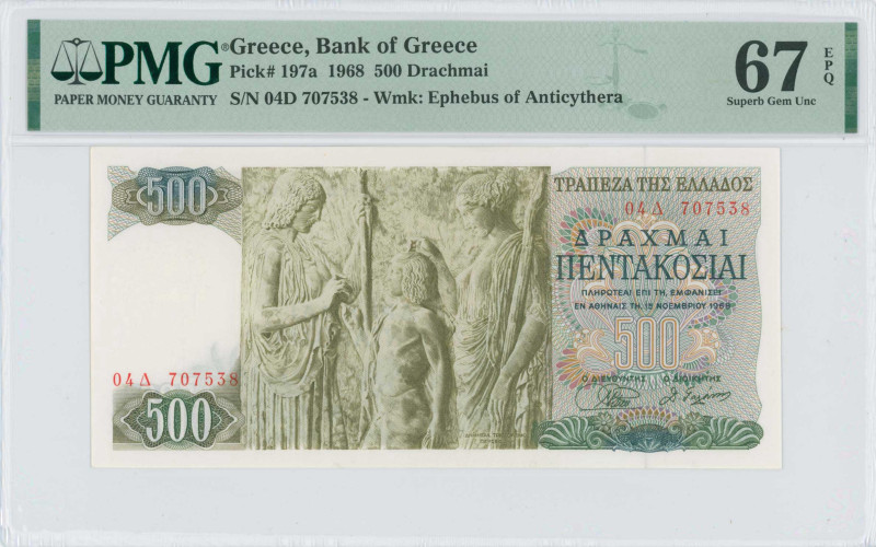 GREECE: 500 Drachmas (1.11.1968) in green and dark green on multicolor unpt. God...