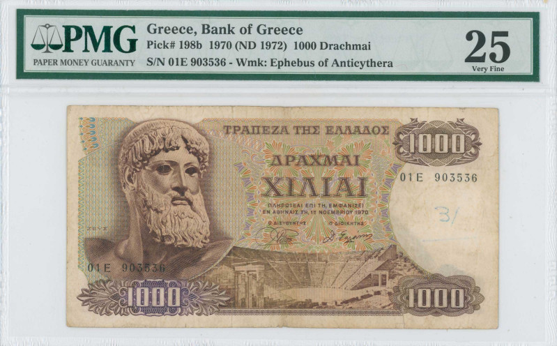 GREECE: 1000 Drachmas (1.11.1970 / issued in 1972) in brown on multicolor unpt. ...