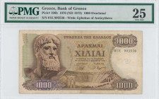 GREECE: 1000 Drachmas (1.11.1970 / issued in 1972) in brown on multicolor unpt. Zeus at left on face. S/N: "01E 903536". WMK: The youth of Anticythera...
