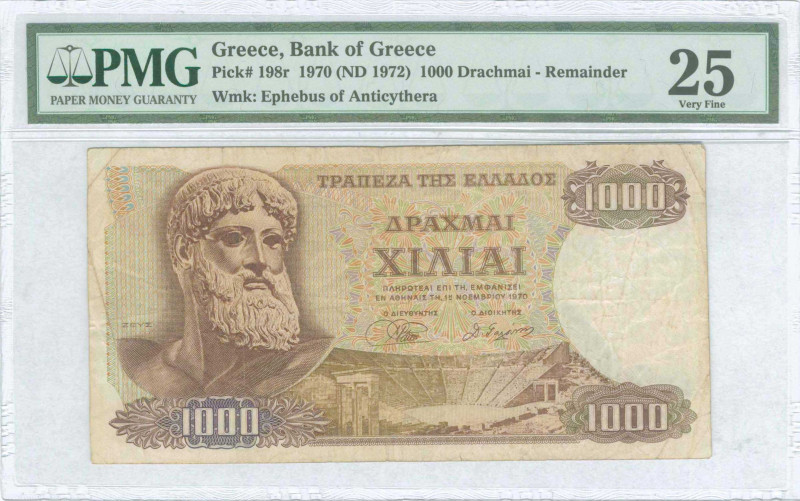 GREECE: Remainder of 1000 Drachmas (1.11.1970 / issued in 1972) in brown on mult...