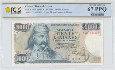 GREECE: 5000 Drachmas (23.3.1984) in dark blue on multicolor unpt. Theodoros Kolokotronis at left on face. S/N: "33M 009890". WMK: The Charioteer from...