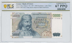 GREECE: 5000 Drachmas (1.6.1997) in dark blue on multicolor unpt. Theodoros Kolokotronis at left on face. S/N: "01Φ 171636". WMK: Philip II and small ...
