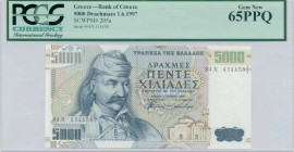 GREECE: 5000 Drachmas (1.6.1997) in dark blue on multicolor unpt. Theodoros Kolokotronis at left on face. S/N: "04X 414458". WMK: Philip II and large ...