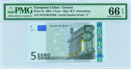 GREECE: 5 Euro (2002) in gray and multicolor. Gate in classical architecture on face. S/N: "Y01470527929". Printing press and plate "N001G1". Signatur...