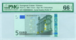 GREECE: 5 Euro (2002) in gray and multicolor. Gate in classical architecture at right on face. S/N: "Y00693060454". Printing press and plate "P005E5"....