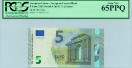 GREECE: 5 Euro (2013) in gray and multicolor. Gate in classical architecture on face. S/N: "YA2884227722". Printing press and plate "Y003C1". Signatur...