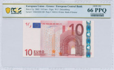 GREECE: 10 Euro (2002) in red and multicolor. Gate in romanesque period on face. S/N: "Y00420281389". Printing press and plate "N001G1". Signature by ...