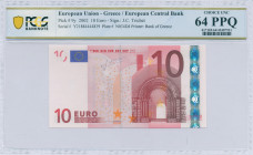 GREECE: 10 Euro (2002) in red and multicolor. Gate in romanesque period on face. S/N: "Y21884444839". Printing press and plate "N034D4". Signature by ...