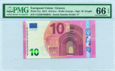 GREECE: 10 Euro (2014) in red and multicolor. Gate in romanesque period on face. S/N: "YA2501936945". Printing press and plate "Y004G2". Signature by ...