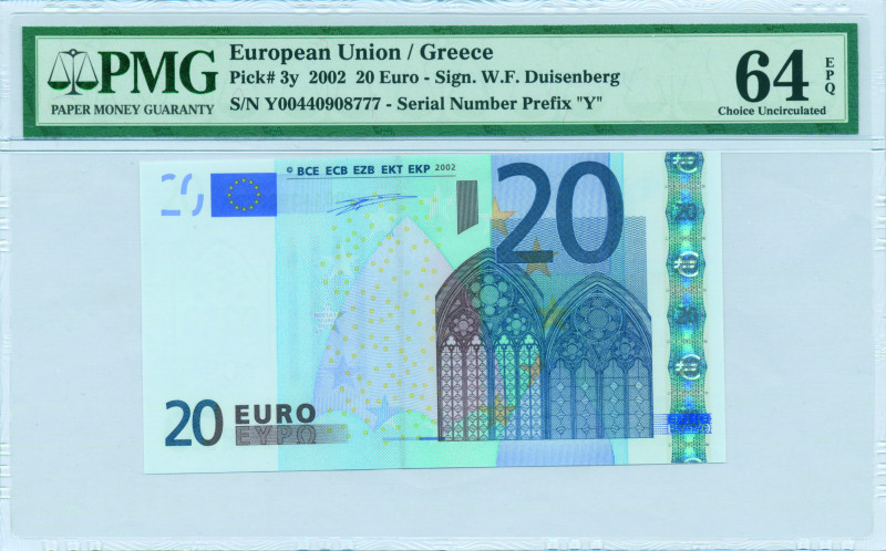 GREECE: 20 Euro (2002) in blue and multicolor. Gate in gothic architecture on fa...