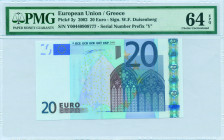 GREECE: 20 Euro (2002) in blue and multicolor. Gate in gothic architecture on face. S/N: "Y00440908777". Printing press and plate "N001A1". Signature ...