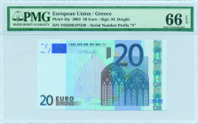 GREECE: 20 Euro (2002) in blue and multicolor. Gate in gothic architecture on face. S/N: "Y05296197358". Printing press and plate "N007A1". Signature ...