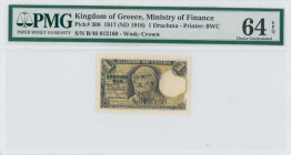 GREECE: 1 Drachma (ND 1918) in black on light green and pink unpt. Homer at center on face. S/N: "B/48 012160". WMK: Crown. Printed by BWC. Inside hol...