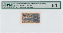 GREECE: 1 Drachma (ND 1922) in dark blue on multicolor unpt. God Hermes at right on face. S/N: "A/31 056940". Printed by BWC. Inside holder by PMG "Ch...