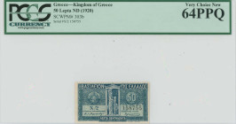 GREECE: 50 Lepta (ND 1926) in blue. Standing Athena at center on face. Zig-zag perforation. S/N: "X/2 158755". Printed by Aspiotis. Inside holder by P...