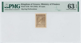 GREECE: 10 Lepta (ND 1922) in brown, postage stamp currency issue. God Hermes at center on both sides. Zig-zag perforation. Printed by (Aspiotis). Ins...