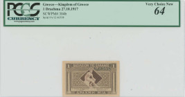GREECE: 1 Drachma (ND 1922) in dark brown and brown. Hermes seated at center on face. S/N: "A/12 60558". Inner line in rhombus surrounding Hermes. Pri...