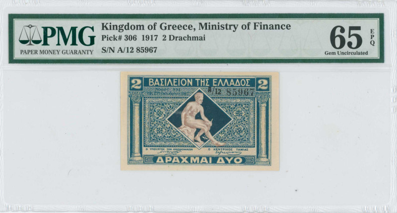 GREECE: 2 Drachmas (ND 1922) in dark blue and light blue. God Hermes seated at c...