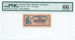 GREECE: 1 Drachma (18.6.1941) in red and blue on gray unpt. Seated Aristippos from Kyrini at left on face. S/N: "Δ 033768". Printed by Aspiotis-ELKA. ...