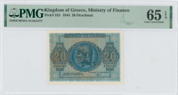 GREECE: 20 Drachmas (9.11.1944) in blue on orange unpt. God Zeus at center on face. Printed in Athens. Inside holder by PMG "Gem Uncirculated 65 EPQ"....