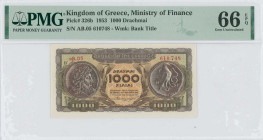 GREECE: 1000 Drachmas (1.11.1953) in brown on green and orange unpt. Ancient coins with Philip II at left and bird and snake at right. S/N: "αβ.05 610...