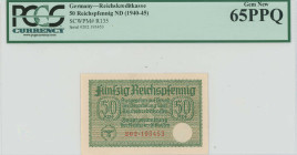 GREECE: 50 Reichspfennig (ND 1941) in green. Eagle with swastika at bottom left on face. German treasury notes issued for occupied teritories. S/N: "2...