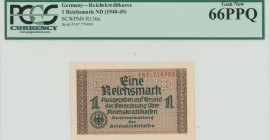 GREECE: 1 Reichsmark (ND 1941) in black and brown on multicolor. Eagle with swastika at bottom left on face. German treasury note issued for occupied ...